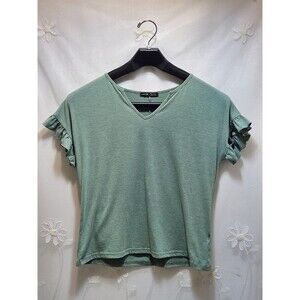 Shein Women Small Green Top Solid Casual Basic Plain Everyday Petal Tulip Sleeve
